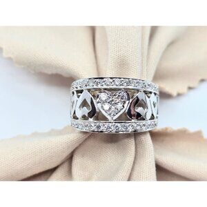 Unique 18K White Gold Designer Diamond Wide Band Multi Heart Ring - Size 5.25